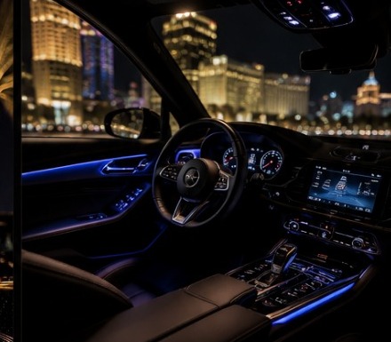 Luxury car interior with ambient blue lighting