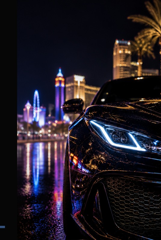 Luxury black sports car being detailed at night in Las Vegas